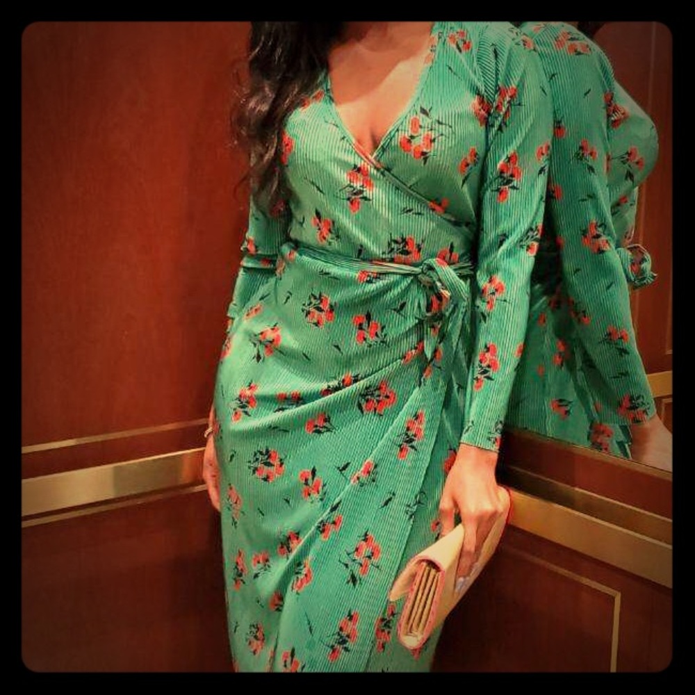 ASOS Green Floral Long Sleeve Wrap Dress